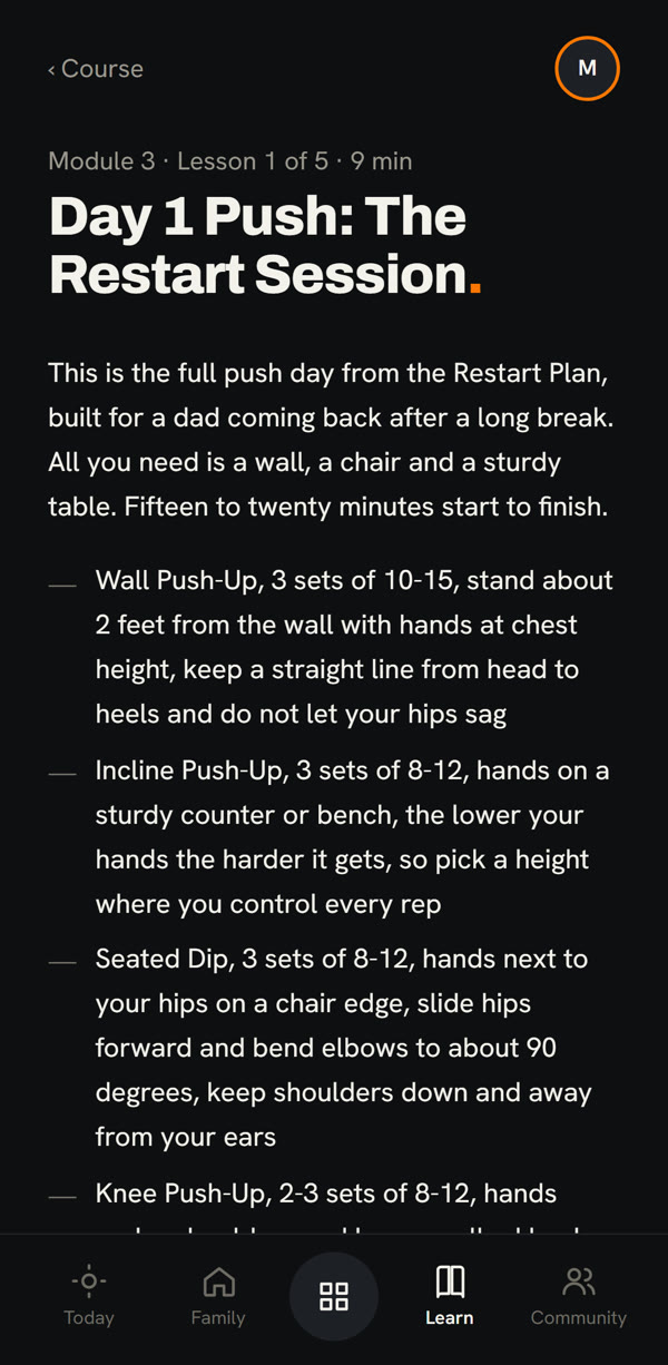 A Fitness Blueprint lesson in the app: Day 1 Push