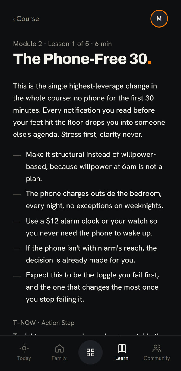 A Morning Mastery lesson in the app: The Phone-Free 30